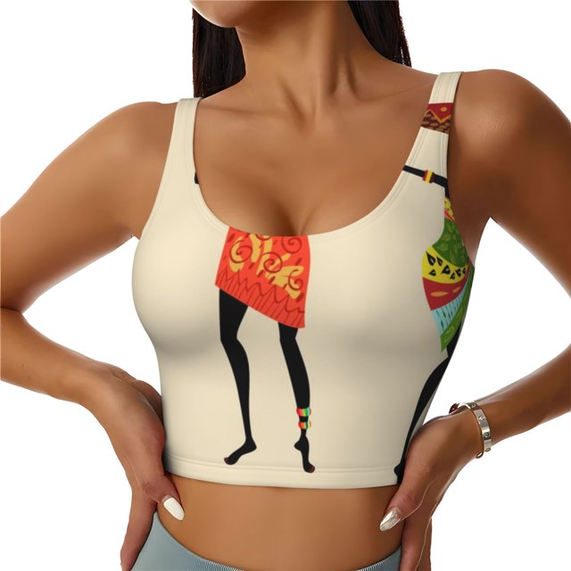 Fotbe African Women Sujetador Deportivo Largo sin Aros para Mujer con Almohadillas y Soporte Medio, Transpirable y Absorbente, Camiseta Tipo Chaleco o Tank Top-Medium