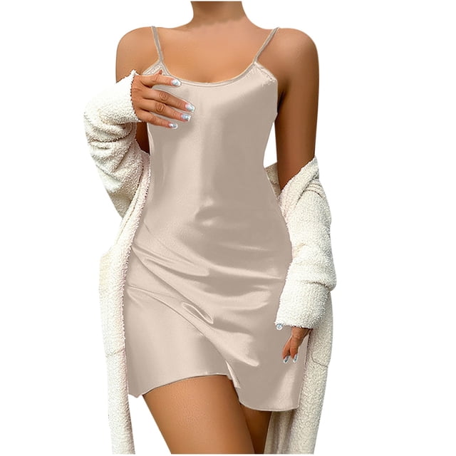 FAIWAD Robe Satinée pour Femme Sans Manches à Bretelles, Robe de Nuit Drapée, Robe Dos Nu, Mini Robe de Nuit