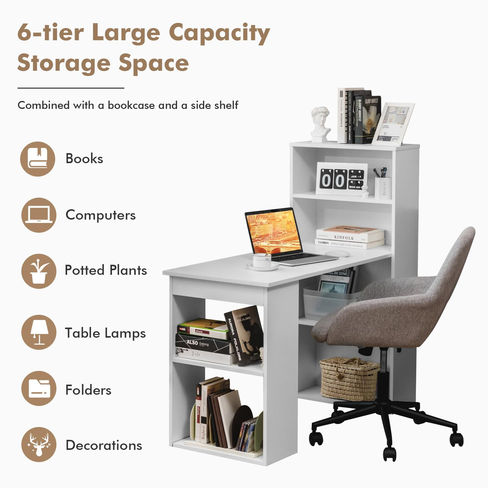 Giantex Computer Desk w/Bookcase, 48” Modern Compact Writing Desk, Reversible Study Workstation for Home, Office & Dorm, Easy Assembly, White