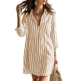 thumbnail image 2 of Neewe Women's Stripe Shirt Dress Collared Ruffle Hem Long Roll Up Sleeve Mini Dresses Daily Outfits, 2 of 8