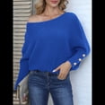 thumbnail image 4 of Suéter de Punto de Color Liso con Hombros Descubiertos y Larga para Mujer, Estilo Informal, Holgado y Moderno para Otoño Azul XL, 4 of 8