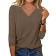 thumbnail image 2 of Oksale V Neck Tops for Women Stretch Cotton Spandex Long Sleeve Shirts Soft Cozy Fitted T ShirtsSolid Color Basic Tops Brown L, 2 of 8