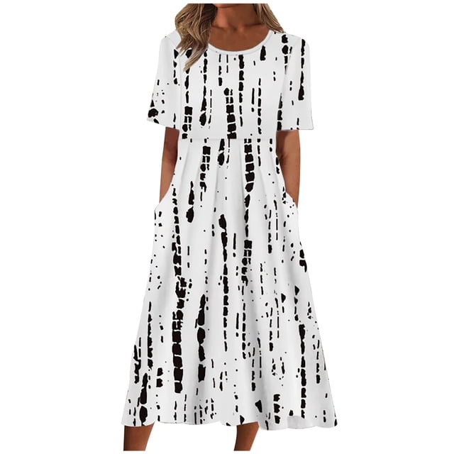 Moda mujer casual sexy cuello redondo impresión verano manga corta bolsillos vestido Fridja bnh983