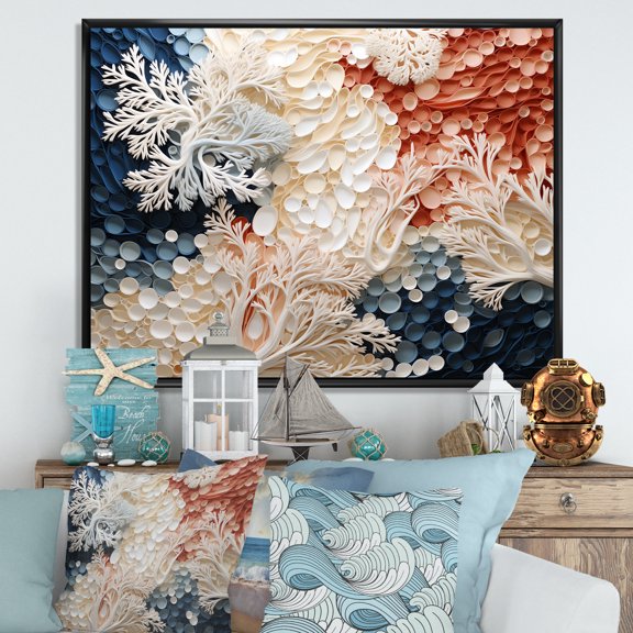 Designart "Blush And Ivory Seashore Coral Mosaic II" Coastal Coral Under Water Floater Framed Wall Art Prints