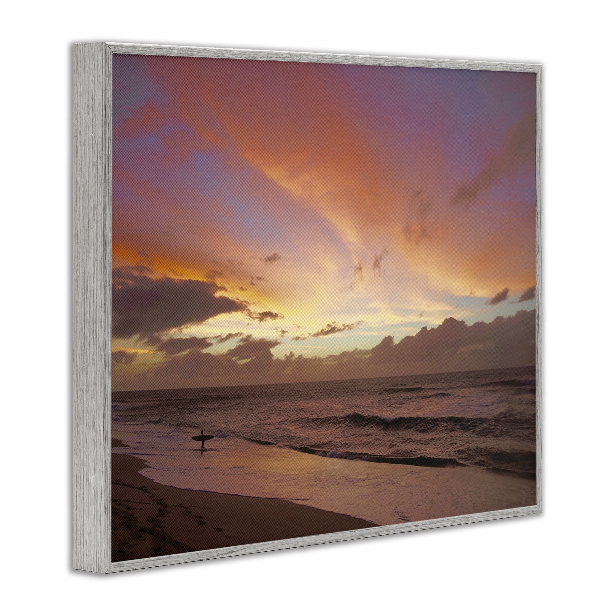 Stupell Industries Surfing Beach Waves at Sunset Nature Photography Gray Framed Art Print Wall Art, 30 x 24
