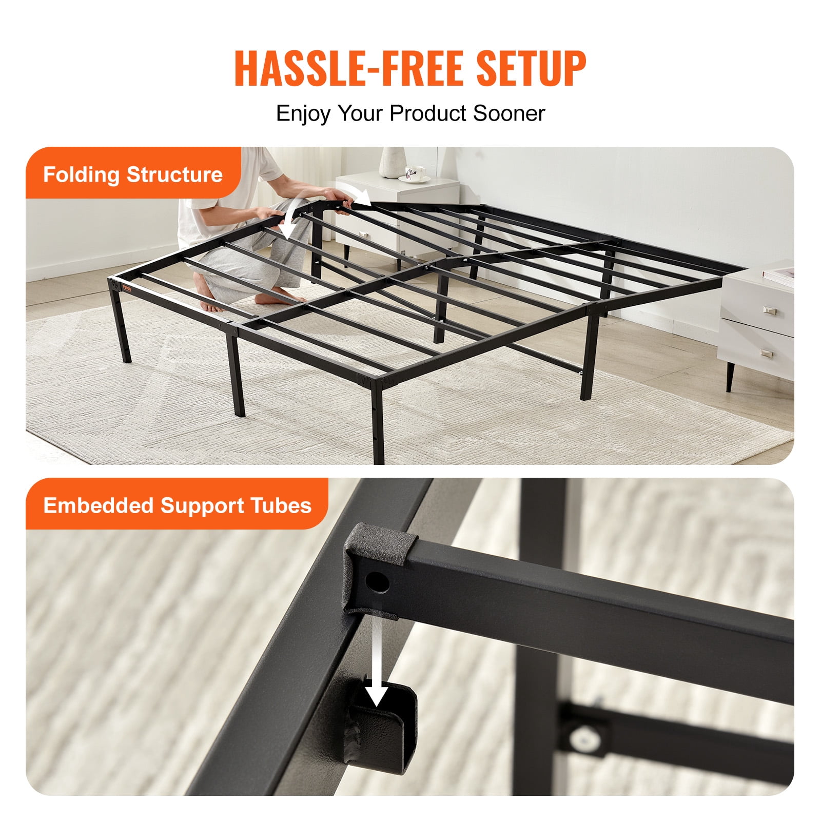 BENTISM Queen Size Bed Frame 14 inch Metal Bed Frame Platform 1500 lbs Noise Free