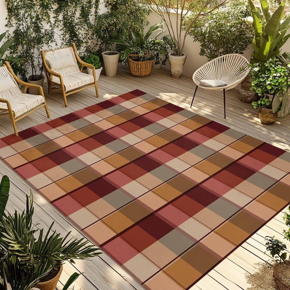 Orange Red Brown Plaid Outdoor Area Rug 5x8ft Decorative Indoor Outdoor Rug Abstract Geometric Check Patio Area Rug for Porch, Deck, Balcony, Entryway, Camping & RV