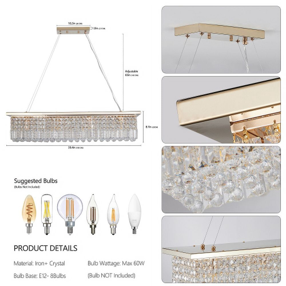ACE-LIGHTS,Modern Crystal Chandelier,8-Light Golden Rectangle Raindrop Chandelier(Bulb Not Included),Contemporary Rectangular Pendant Light Fixture for Living Room,Dining Room,Kitchen,Bedroom(Golden)