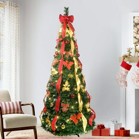 7.5FT Pop-up Christmas Tree Pre-Decorated Bringstar Prelit Pull-up Xmas Tree 200 LED Lights