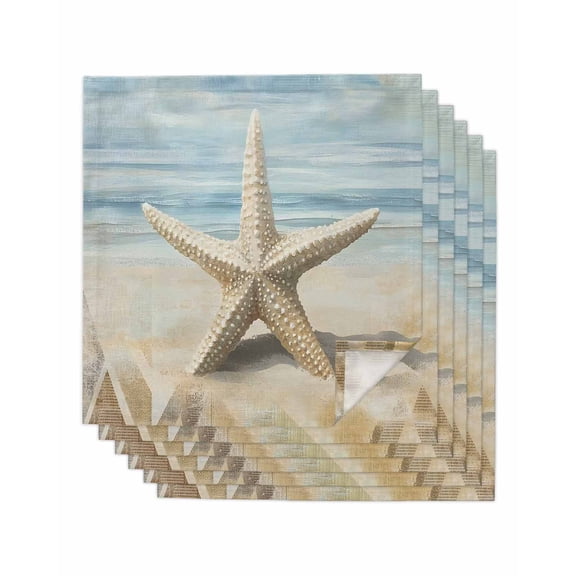 nqOlkjepod Coastal Beach Starafish Cloth Napkins Set of 6 Reusable Dinner Napkins, Summer Ocean Wave Blue Beige Cocktail Napkin Washable Table Napkins for Wedding/Holiday Party/Baby Shower 20"x20"