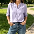 thumbnail image 5 of cocolona Womens Summer Linen Tops Dressy Casual Solid Color Blouses Short Sleeve Crew Neck Button Shirts with Pockets, 5 of 6
