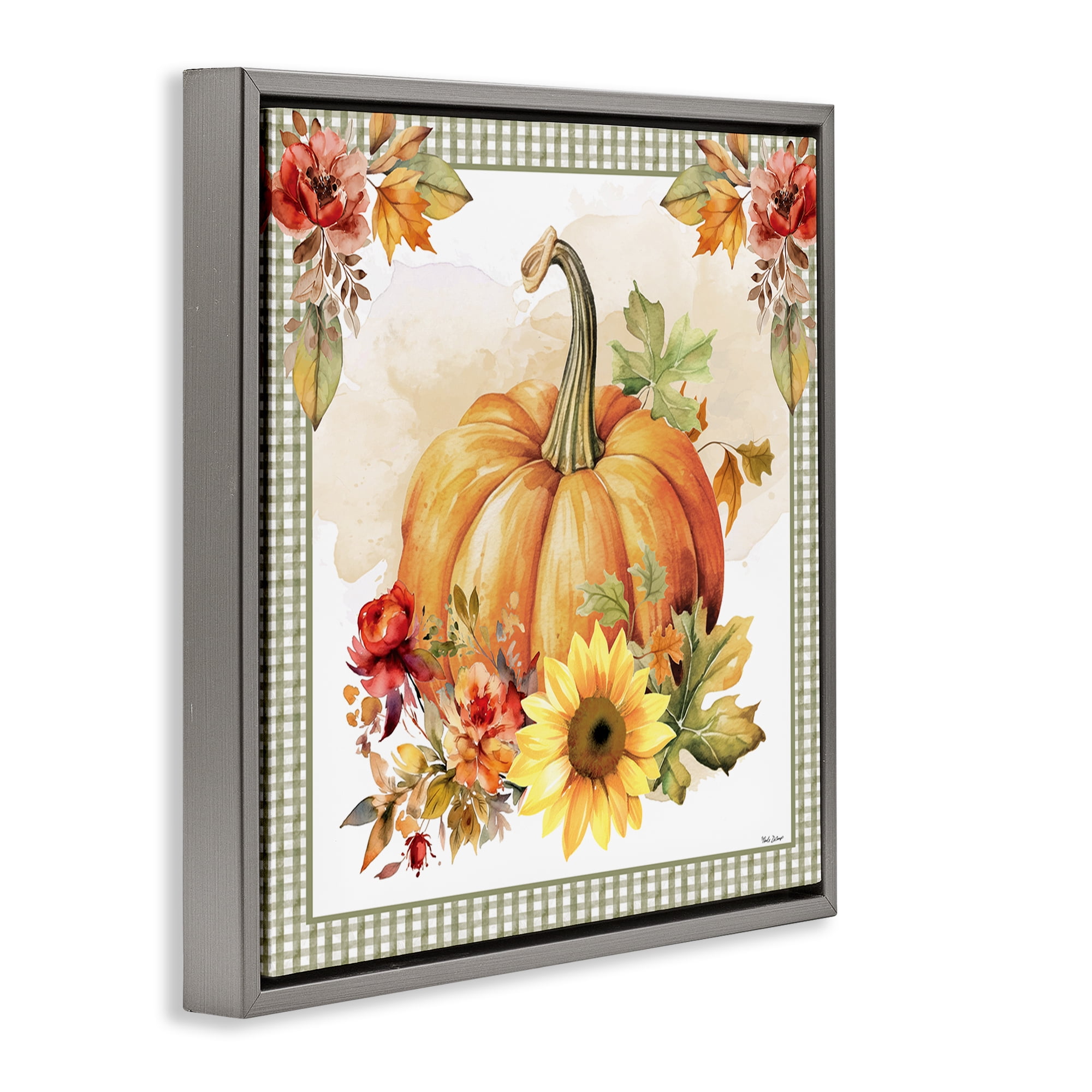 Stupell Industries Gingham Bordered Pumpkin Botanical & Floral Painting Gray Floater Framed Canvas Art Prints Wall Art, 18 x 18