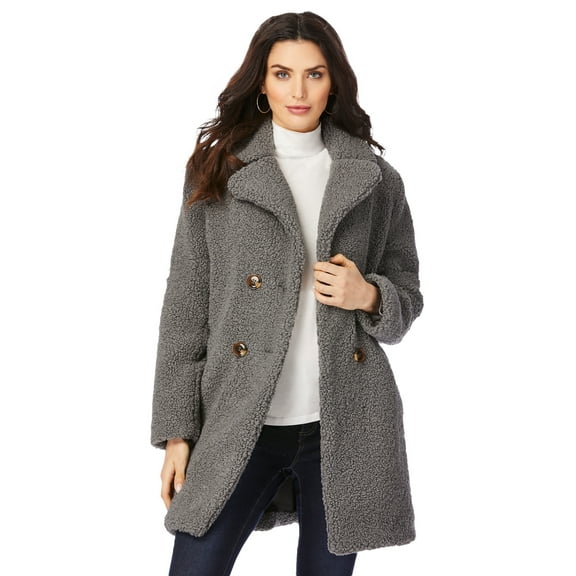 Roaman's Women's Plus Size Double Breasted Teddy Coat