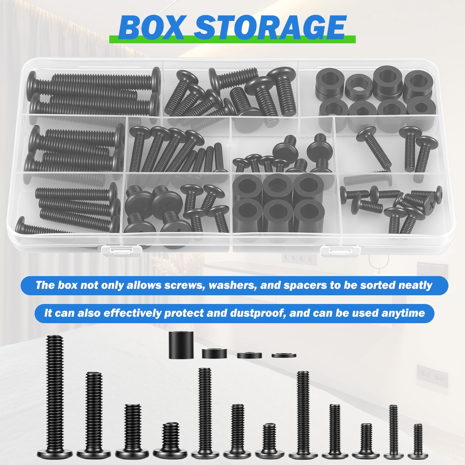 184Pcs Universal TV Mounting Hardware Screw Kit Set with Box - M4 M5 M6 M8 Metal Bolt Washer and Spacer Set for Most TV and Monitor