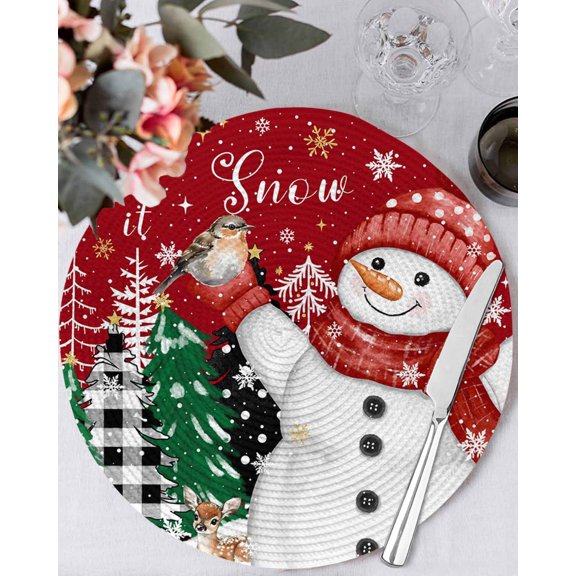 13 Inch Round Placemats Set of 6, Red Snowman Christmas Non Slip Heat Insulation PP Table Mats, Snowflake Xmas Tree Winter Elk Washable Place Mats for Kitchen Dining Party Table Decor
