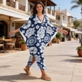 thumbnail image 4 of Xixirimido Vintage Peony Floral Blue Print Women’s Plus Size Beach Kaftan Dress V-Neck Batwing Sleeve Swimsuit Cover Up Flowy Caftan Dress for Pool, Cruise & Resort Wear, 4 of 7