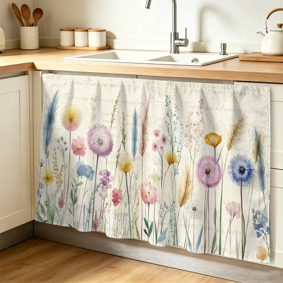 Leaf Wildflower Cabinet Curtain 32"Wx55"L,Dustproof Pantry Door Curtain with Self Adhesive Tape,Vintage Country Plant Floral Leaves Tall Storage Cover Privacy Drape for Bathroom Kitchen Laundry Room