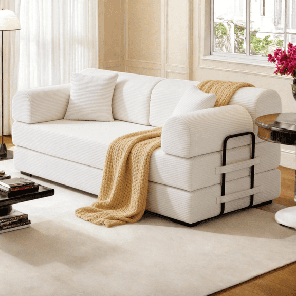 Convertible Sleeper Sofa Bed with Pillow, Corduroy Folding Mattress Couch for Living Room, Floor Lounge Sofa with Fixed-Shape Frame for Small Apartments, Beige
