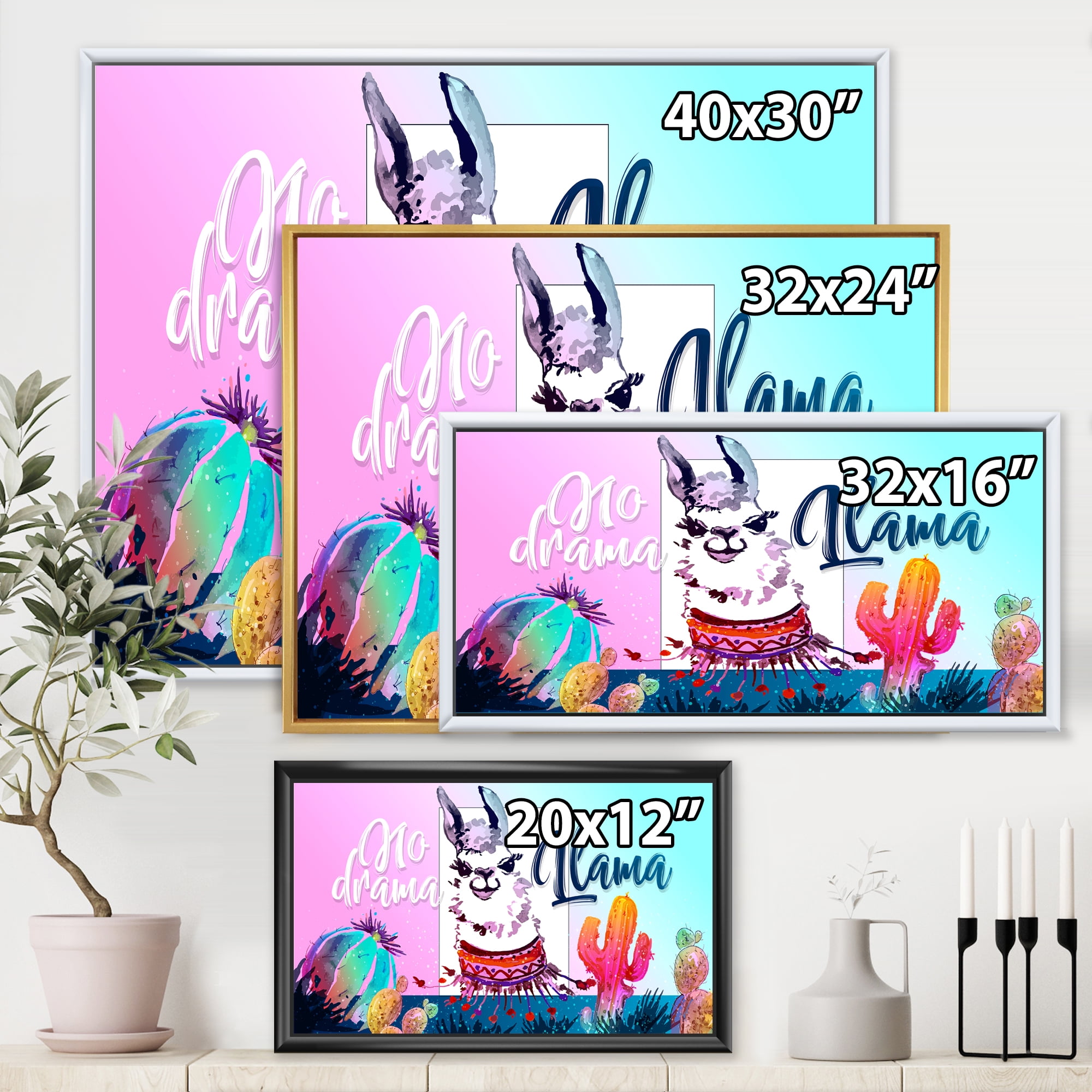 No Drama and Colorful Llama 32 in x 24 in Framed Painting Canvas Art Print, by Designart