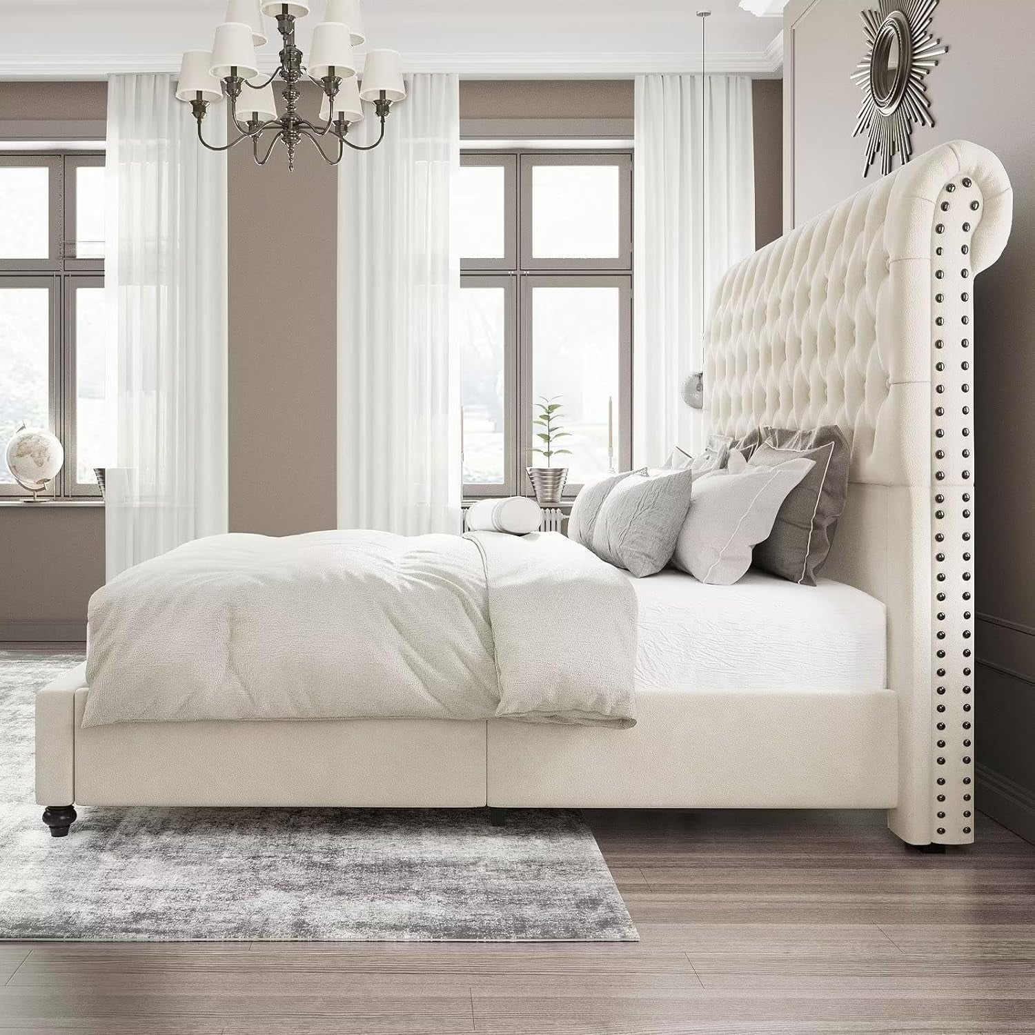 Merluxy Upholstered Queen Bed Frame with Headboard Sleigh PlatformTufted Bed/Cream