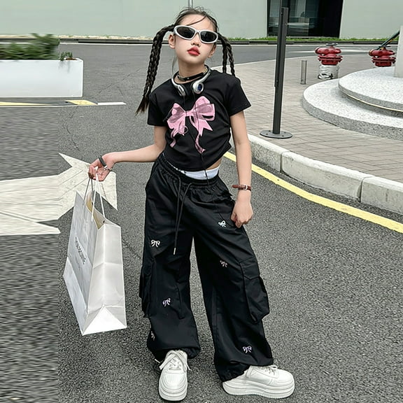 Girls Casual Pants High Waisted Wide Leg Trousers With Bow Embroidery Summer Breathable Loose Fit Kids Outdoor Play Clothes For Daily School Activities Trendy Girls Pants Black 12-13 Years