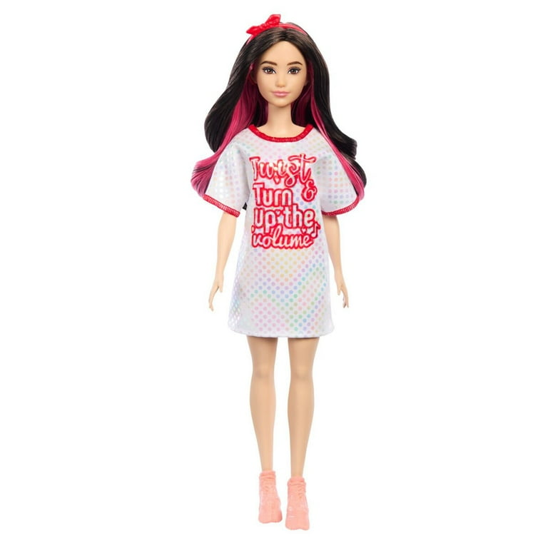 barbie fashionista dresses Fashionistas Barbie 13.25-Inch Doll [Black Hair & Checkered Orange and Pink  Flower Midi Dress]