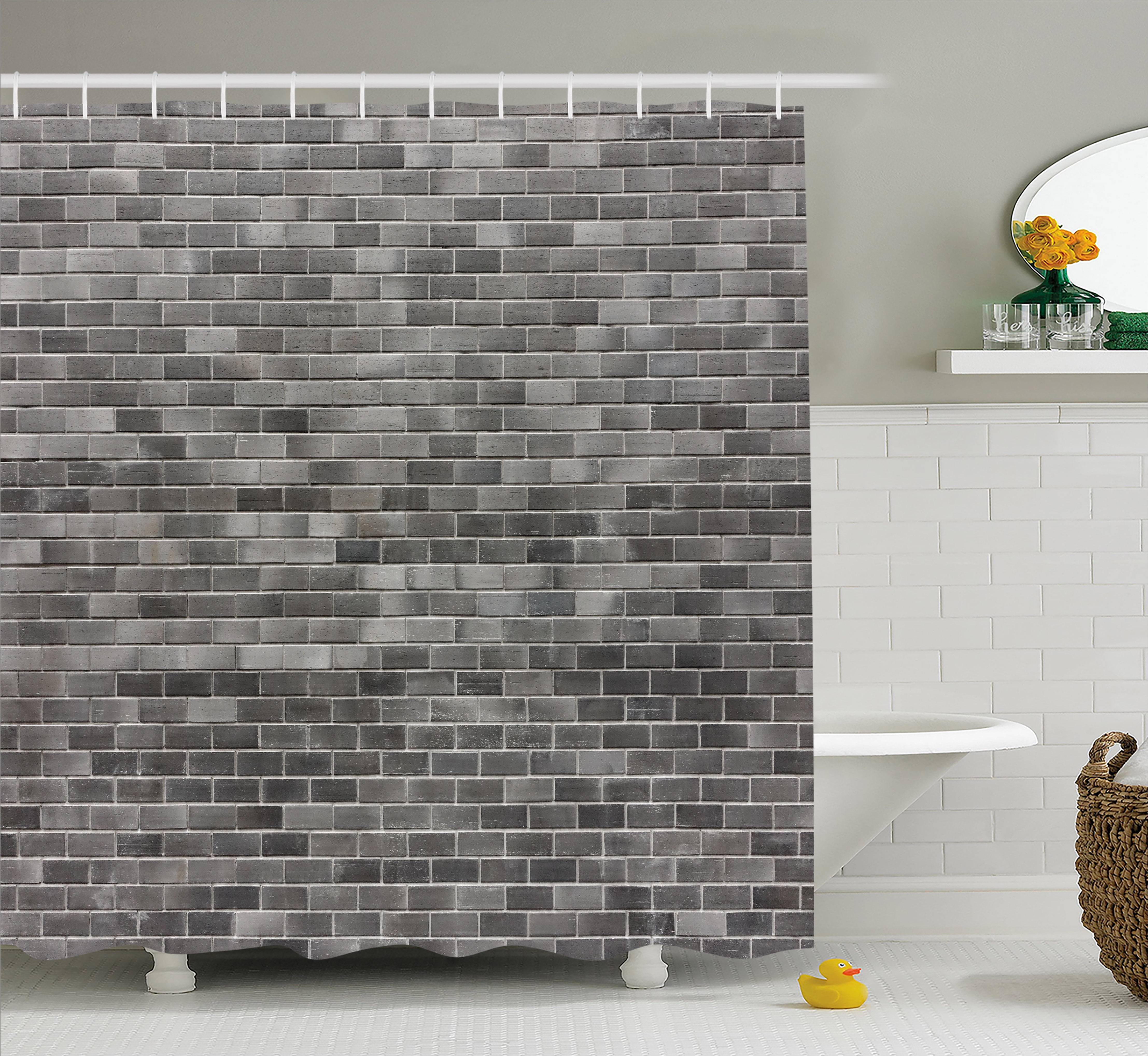 Grey And White Shower Curtain Modern Brick Wall Tiles Urban Construction Architecture Building Town Art Picture Fabric Bathroom Set With Hooks