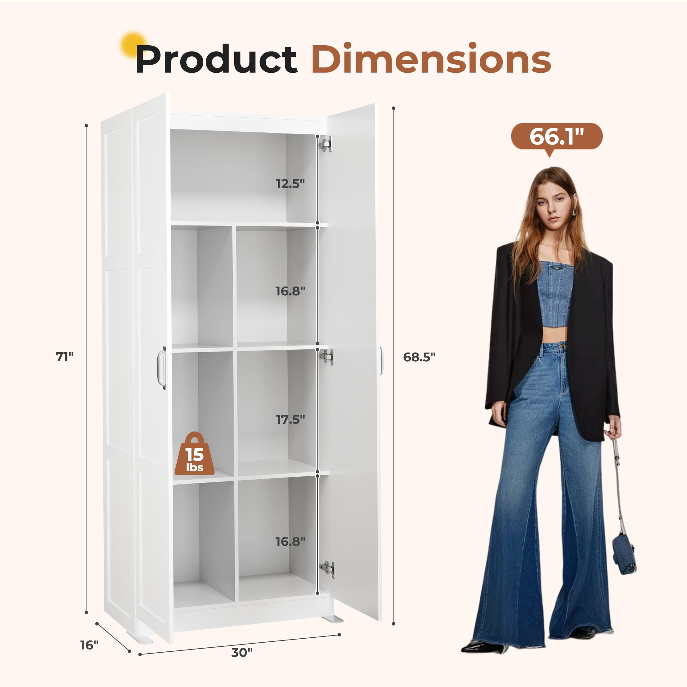 edx 71" Wooden Storage Cabinet for Living Room,Hallway, Entryway, Closet, Home Office, White