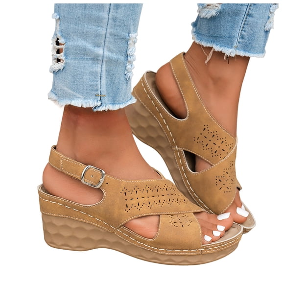 Slingabck Wedge Sandals for Women Hollow out Leather Peep Toe Orthopedic Walking Shoes Fashion Wedges Heels Brown Size 9.5
