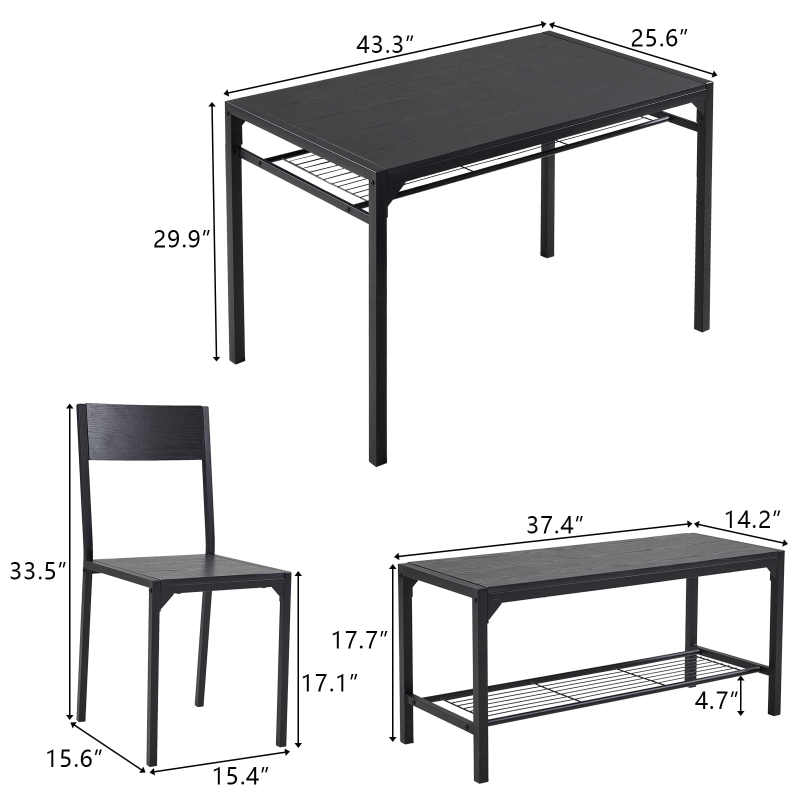Dining Table Set with 2 Chairs and Bench Space-Saving Design