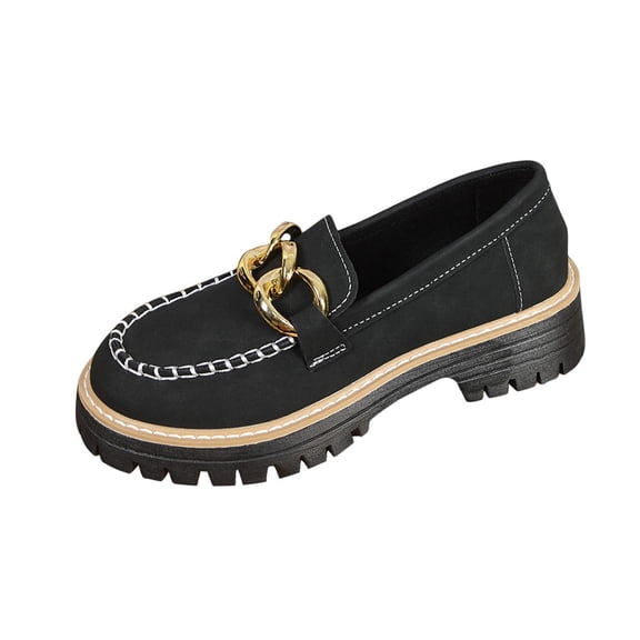 Wdhugt Women Casual Round Toe Chunky Heel Loafers Black Flock Material Mid Heel Shoes Foot Length 9.06In Us Size 5.5