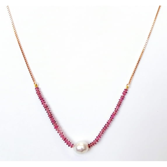 White South Sea Baroque Curltured Pearl and Pink Tourmaline Bolo Necklace in .925 Sterling Silver