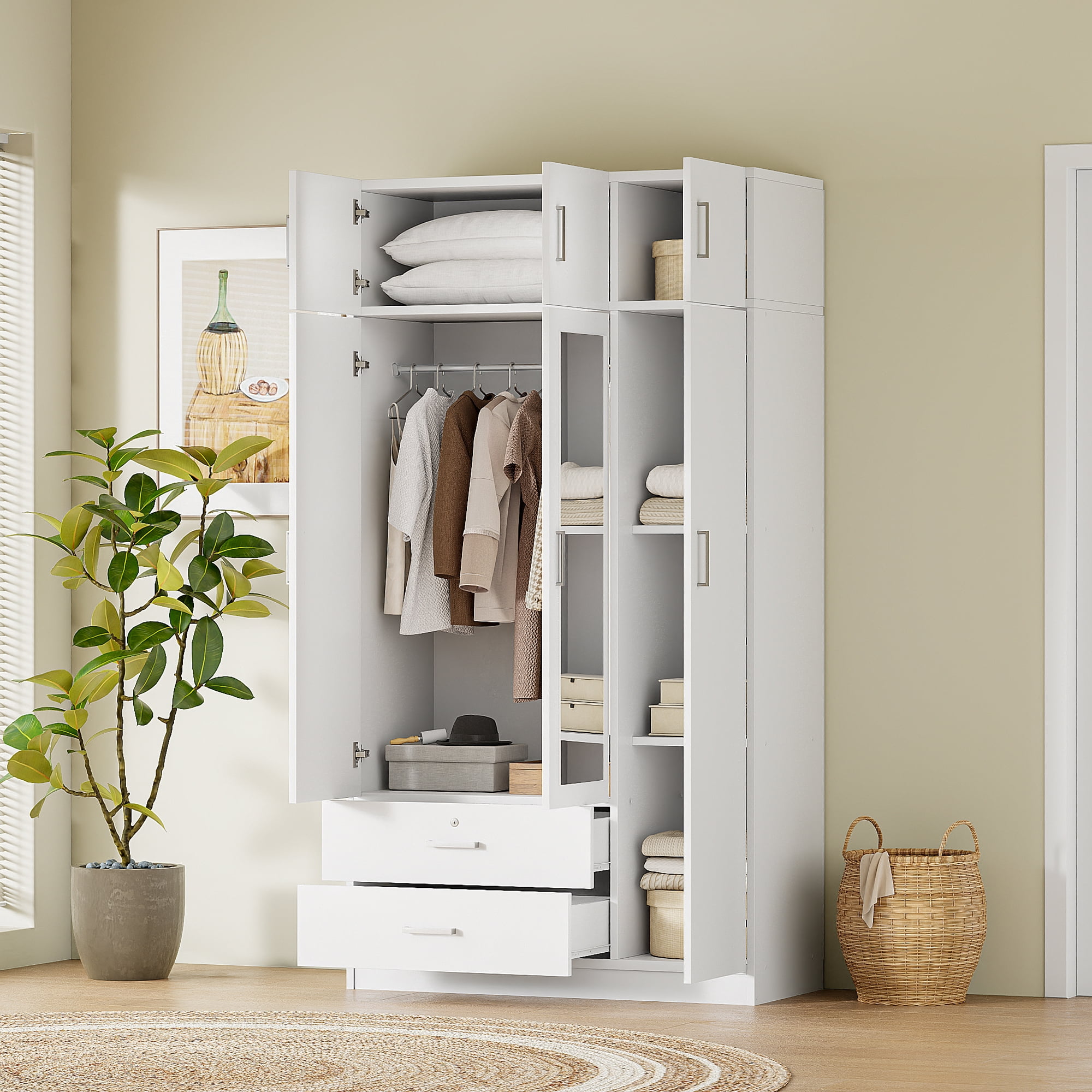 Euroco 3-Door Wood Armoire, Wardrobe with Mirror and Drawers, White