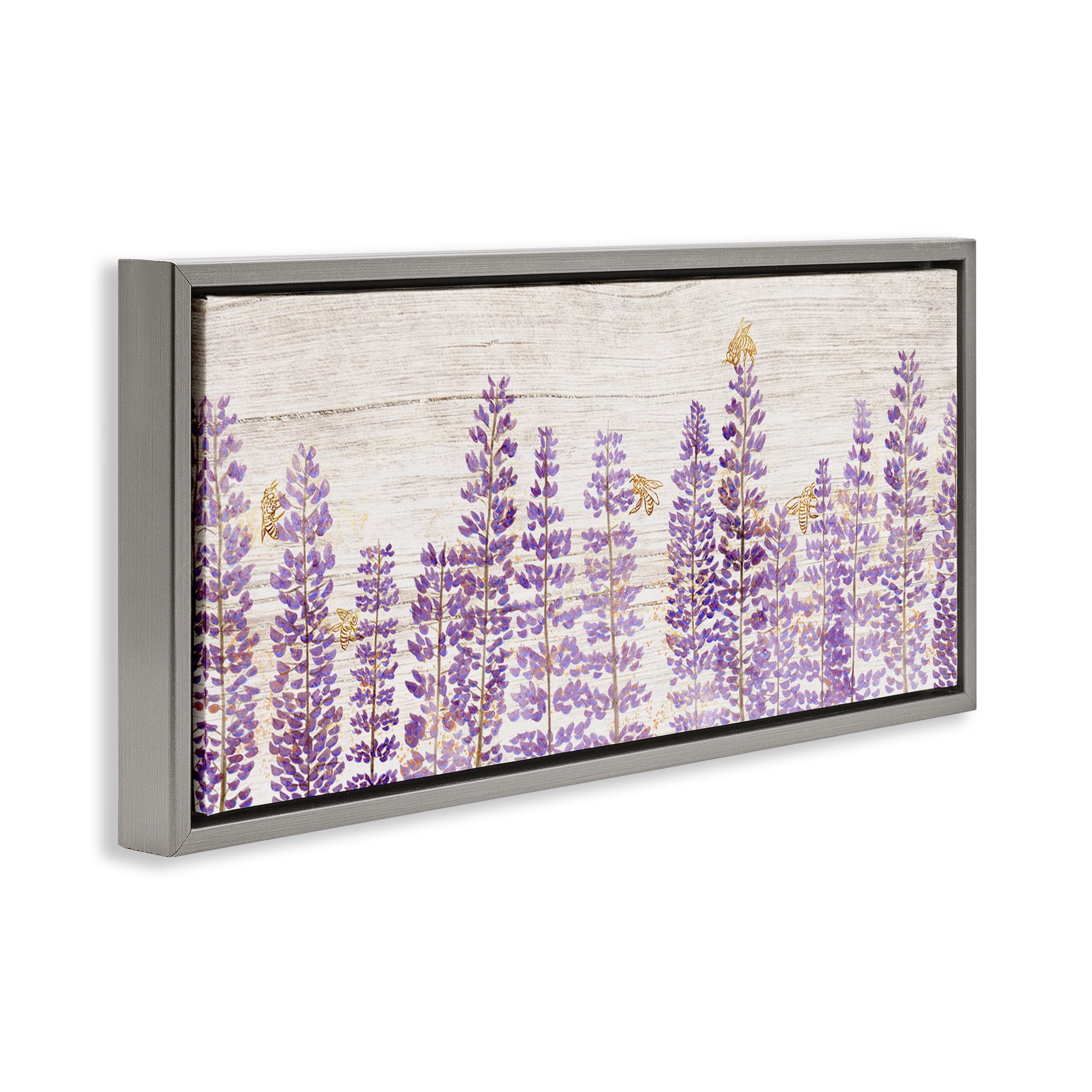 Stupell Industries Rustic Purple Lilacs & Bees Botanical & Floral Painting Gray Floater Framed Canvas Art Print Wall Art, 25 x 11