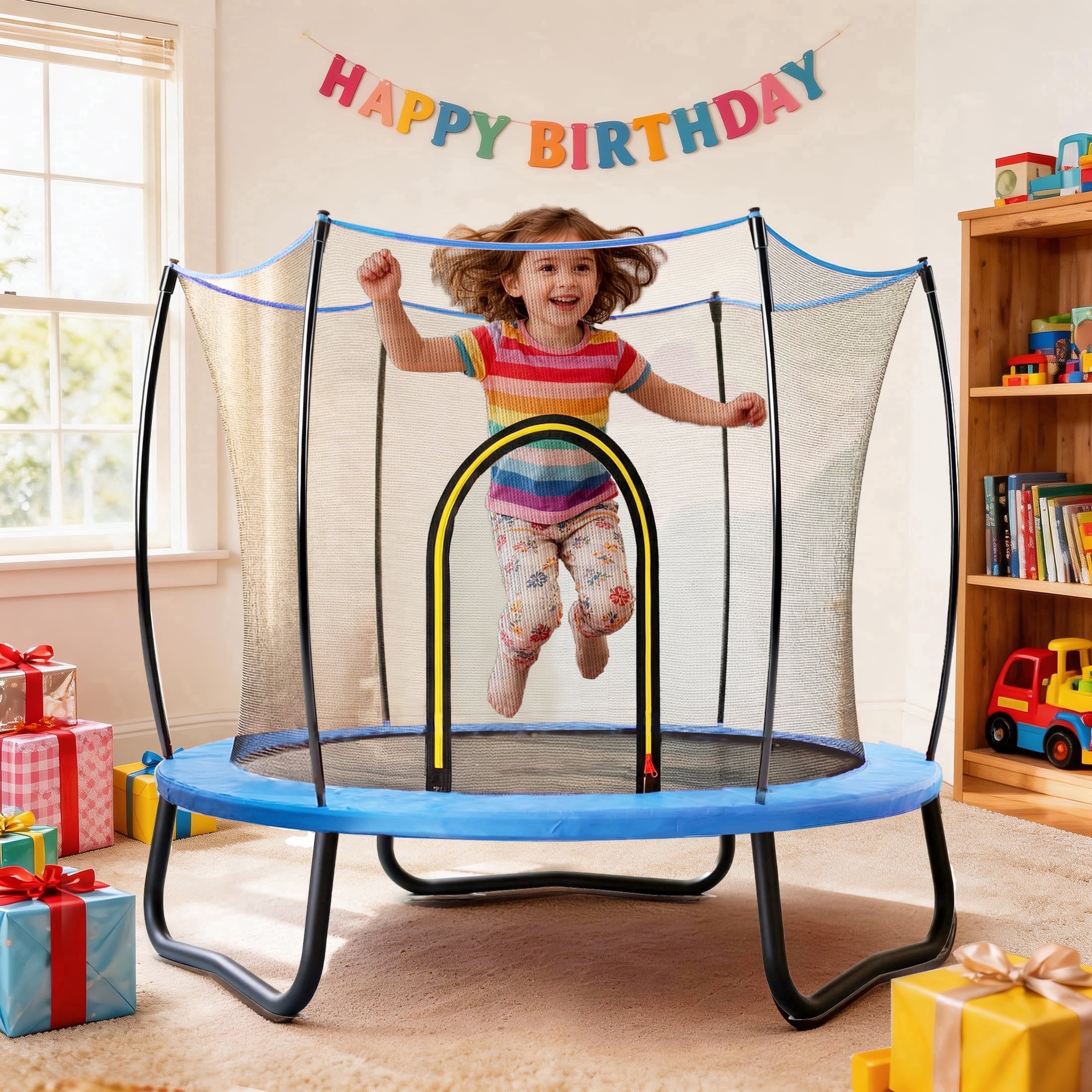 4.5FT Trampoline with Safety Enclosure for Kids, SEGMART Toddler Trampoline with Basketball Hoop, Kids Trampoline with Jumping Mat, Mini Trampoline, Indoor Trampoline, Gifts for Boys Girls, 110LBS