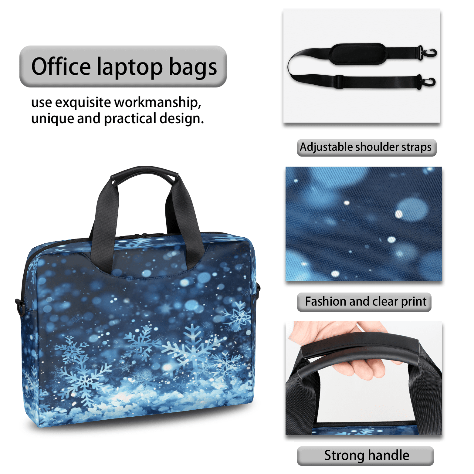 Herdesigns Snowflake Laptop Bag for Women Men, Computer Case Briefcase Messenger Bags, 15-15.6 inch Laptop Sleeve Shoulder Bag