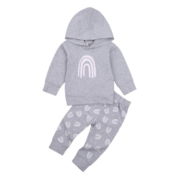 Kids Baby Fashion 2-piece Outfit Set Long Sleeve Rainbow Print Hoodie+Pants Set for Children