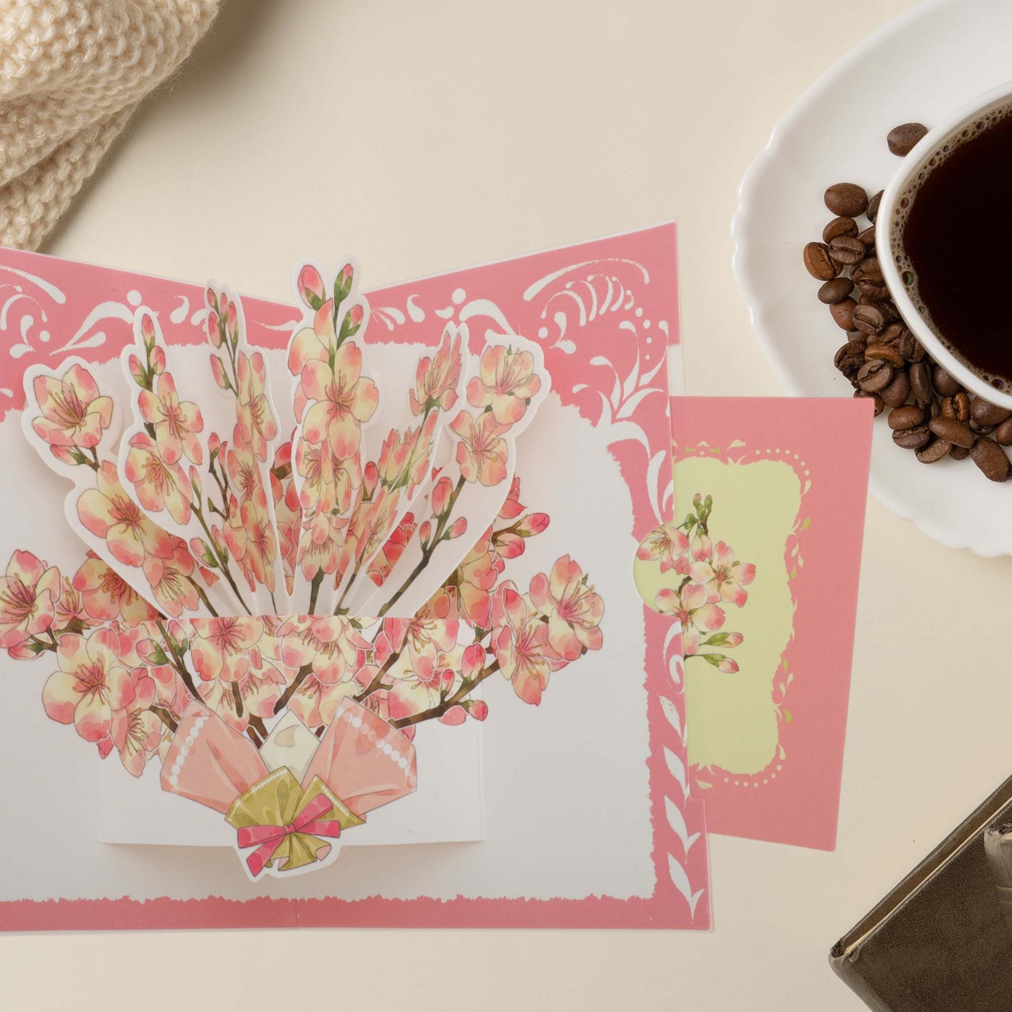 Unique Bargains Floral Pops Up Card 3D Greeting Cards with Envelope Pink Cherry Bouquet