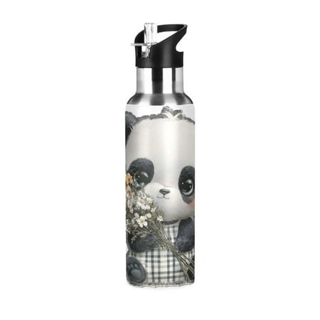 600ML Transparent Sports Water Bottle with Handle & Straw Portable Water Bottle for Outdoor Camping Gym Cute Big-eyed Panda