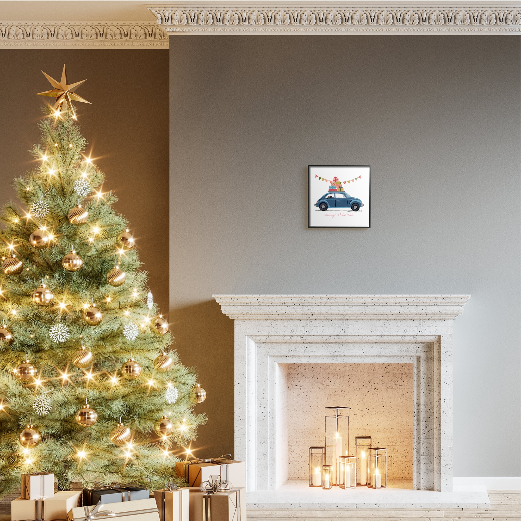 Stupell Industries Blue Christmas Cat Car with Present Stack Transportation Painting Black Framed Art Print Wall Art, 12 x 12