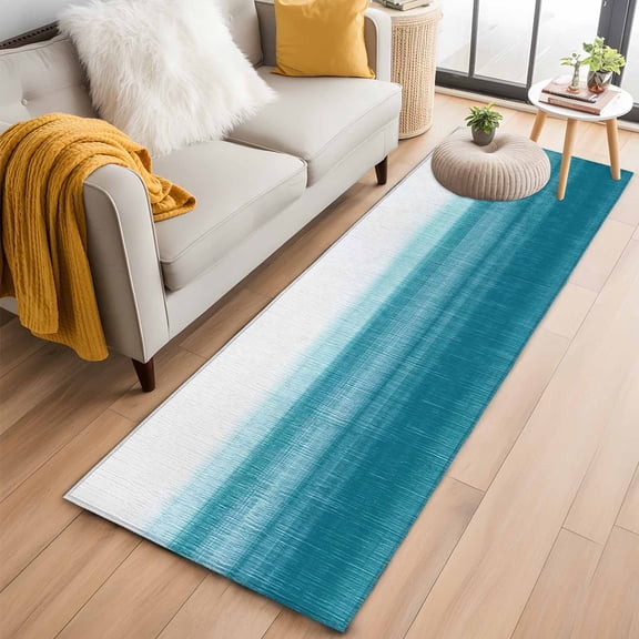 Turquoise White Ombre Runner Rug 2x6 FT,Non Slip Hallway Rugs,Modern Country Abstract Stripes Washable Soft Floor Carpet Throw Runner Carpet Long Rugs for Entryway Kitchen Bedside Sliding Door