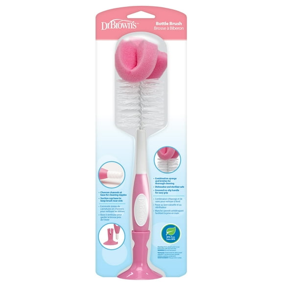 Dr. Brown's Baby Bottle Brush with Suction Cup Stand, Sponge, Scrubber and Nipple Cleaner Pink, 1 Pack