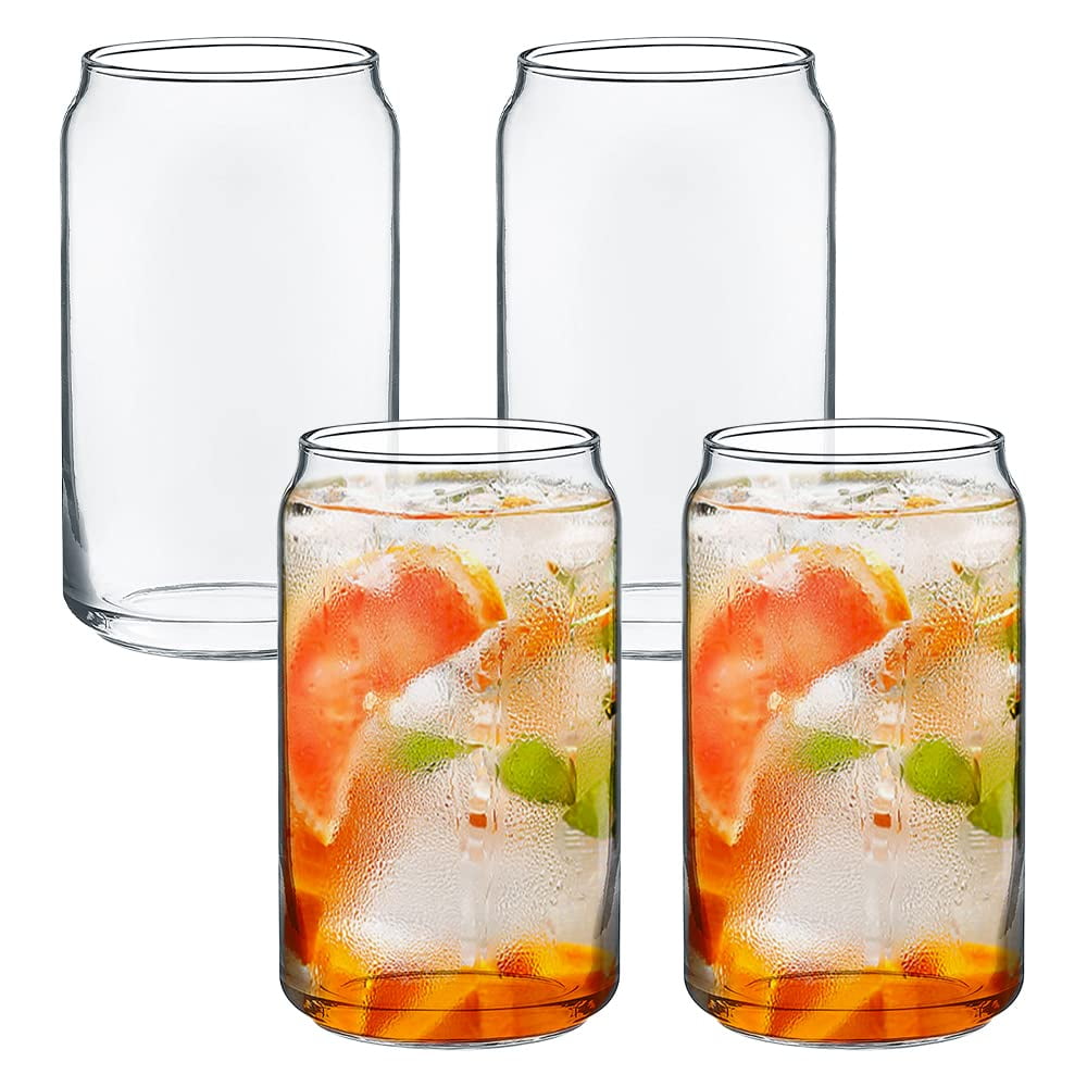 Drinking Glass 4 Packs,16 oz Can Shaped Glass Cups,Glass Beer Can Cups