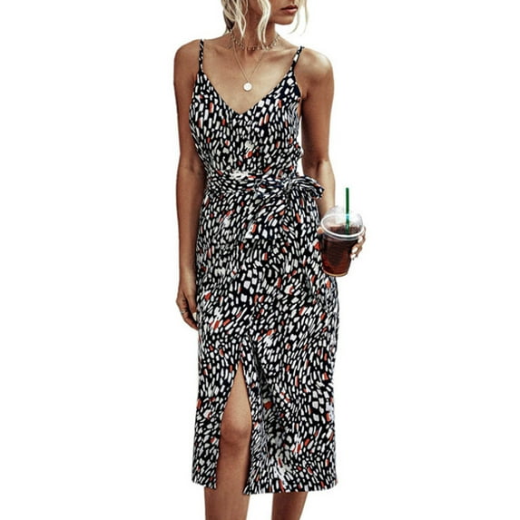 QELUSQELUS Women Sleeveless V Neck Lace Up Waist Floral Holiday Belted Dress