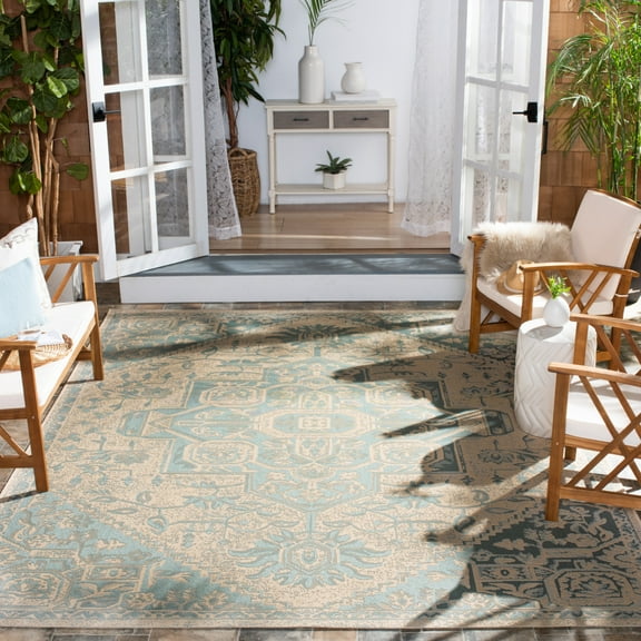 SAFAVIEH Beach House Diggory Medallion Indoor/Outdoor Runner Rug, Aqua/Cream, 2'2" x 10'