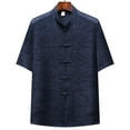 thumbnail image 2 of Hot Days, Bold Styles YLSDY Men's Short Sleeve Kung Fu Shirts Chinese Traditional Tai Chi Mandarin Collar Frog-Button Shirt Summer Casual Tops Navy L, 2 of 3