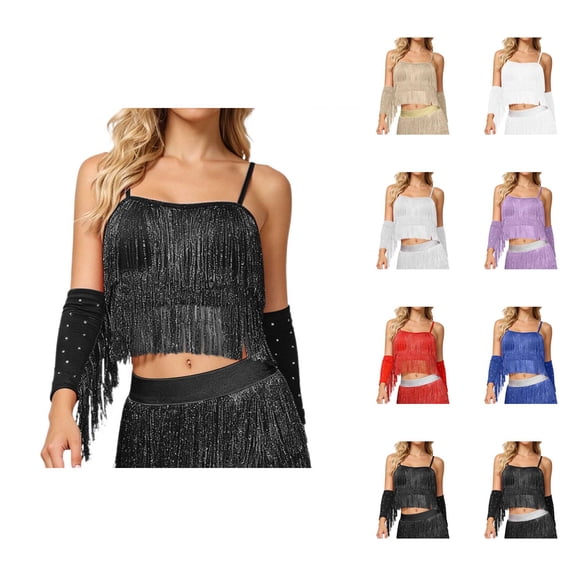 Latin Dance Sequin Fringe Crop Camisole Tops for Women Spaghetti Strap Sparkly Sequins Tassel Cami Tank Tops Belly Dance Top