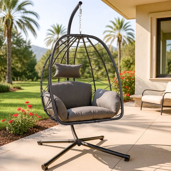 zzw Outdoor Hanging Egg Chair with Stand and Thickened Cushion, Rattan Swing Chair for Patio