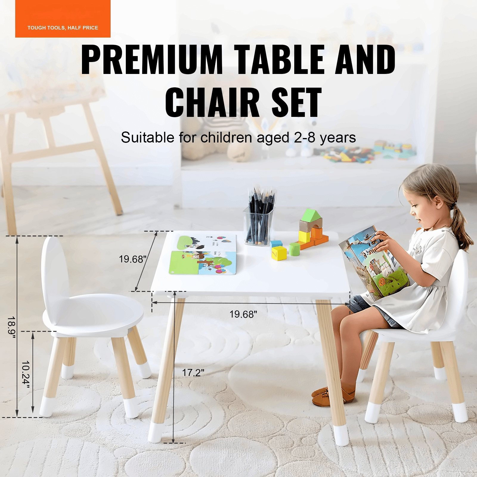 Kids Table and 2 Chairs Set, Toddler Table and Chair Set, Children Multi-Activity Table for Art, Craft, Reading, Learning, 1 Table and 2 Chairs