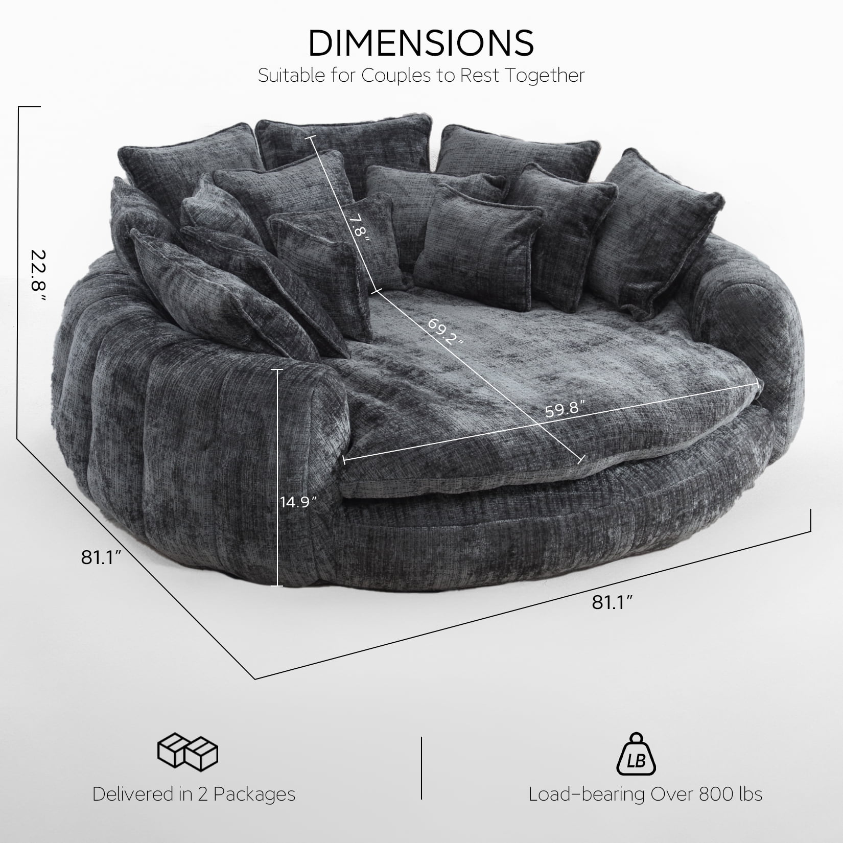 81'' Large Bean Bag Chair for Adults, Memory Foam Oversized Beanbag Chairs Couch with 14 Pillow, Comfy Giant Bean Bag Sofa Couch Bed, Chaise Lounge Chair Indoor Lazy Sofa for Living Room (Dark Grey)